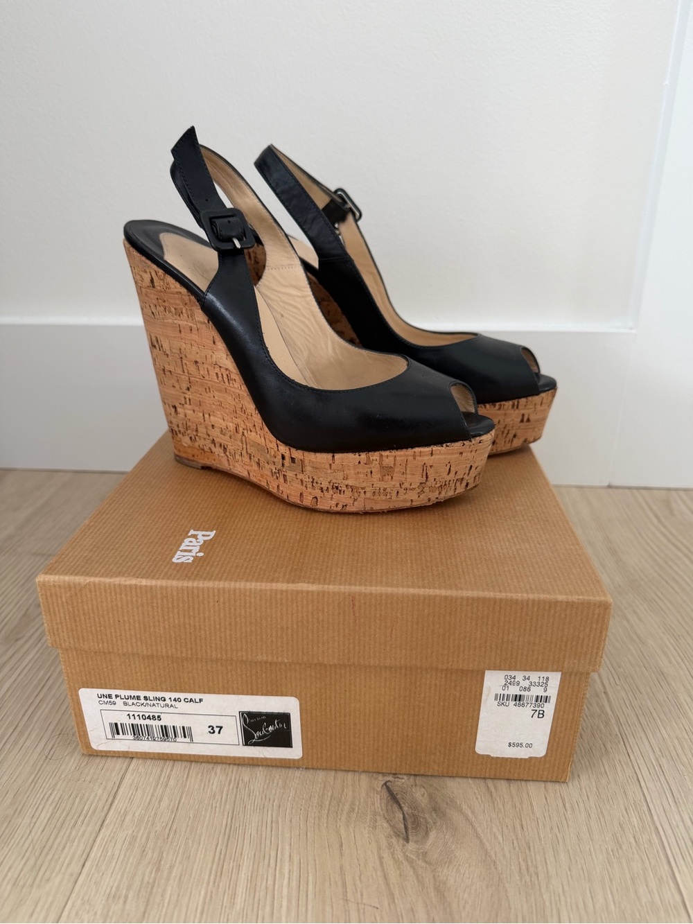 Christian Louboutin Black Leather Cork Platform Wedge Slingbacks